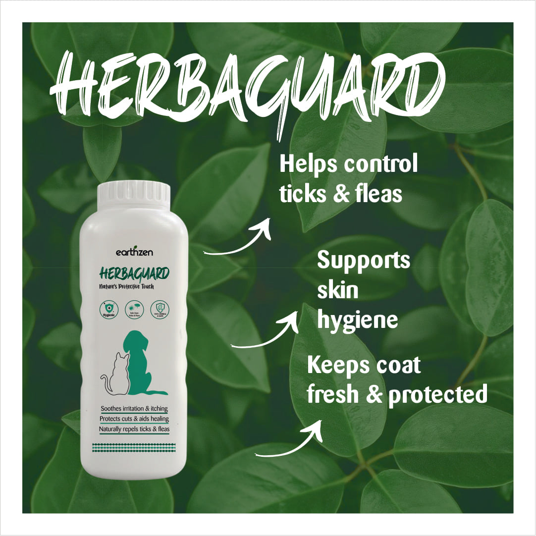 Earthzen Herbaguard product bottle with green leaves in the background