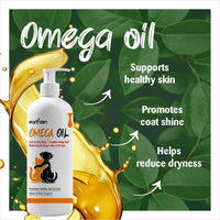 Earthzen Omega Oil bottle with green leaves and oil splashes on a white background