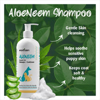 Earthzen Aloeneem shampoo bottle with green leaves and text highlighting benefits on a dark green background