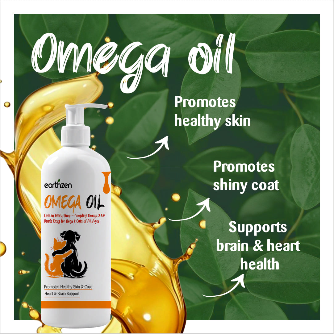 Earthzen Omega Oil bottle with benefits text on a green leafy background