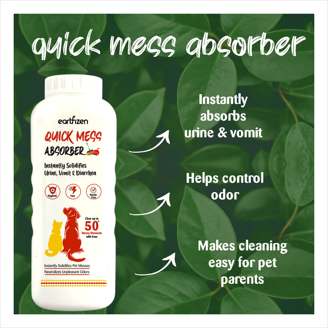 Earthzen Quick Mess Absorber bottle on a green leafy background with product features highlighted.