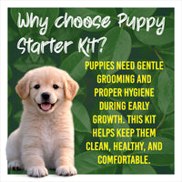 Puppy starter kit advertisement with a puppy on a green leafy background