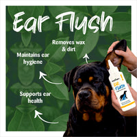 Dog being given an ear flush with text on a green leafy background