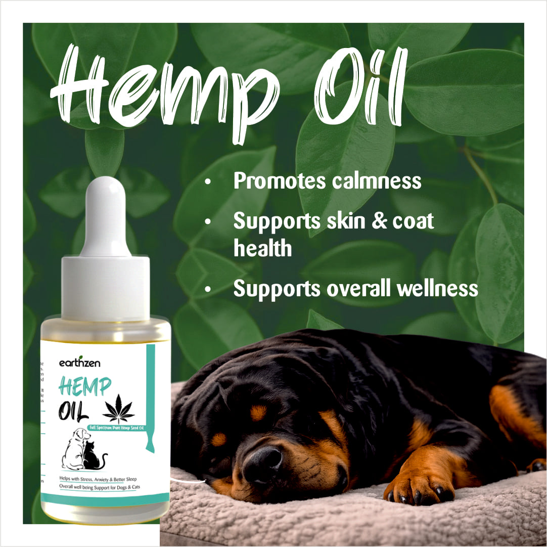 Earthzen Hemp oil bottle with a dog and text about benefits on a green leafy background