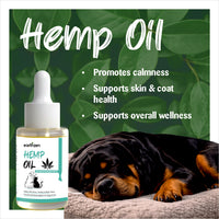 Earthzen Hemp oil bottle with a dog and text about benefits on a green leafy background