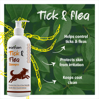 Earthzen Tick & Flea Shampoo bottle with green leaves in the background