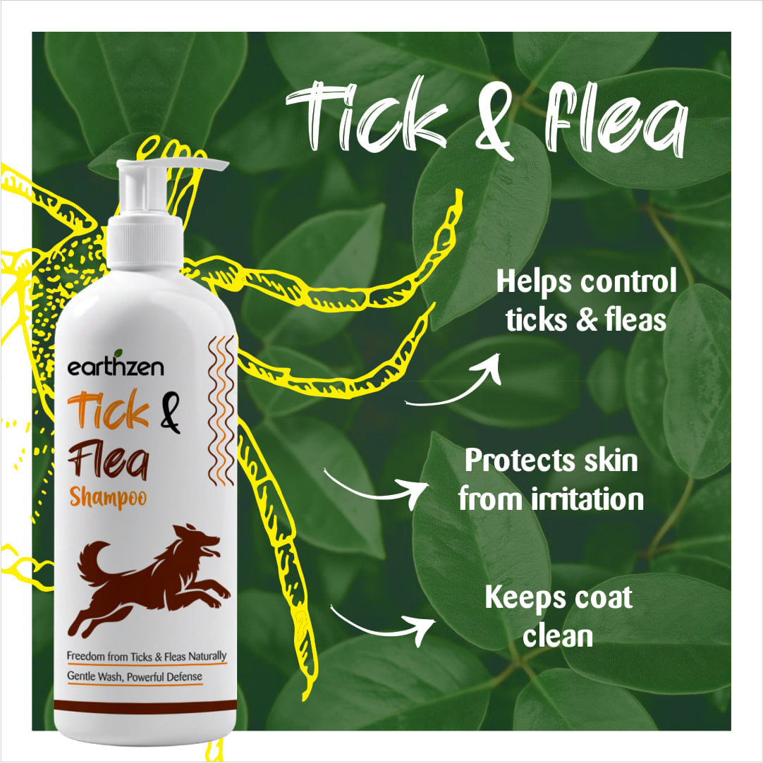 Earthzen Tick & Flea Shampoo bottle with green leaves in the background