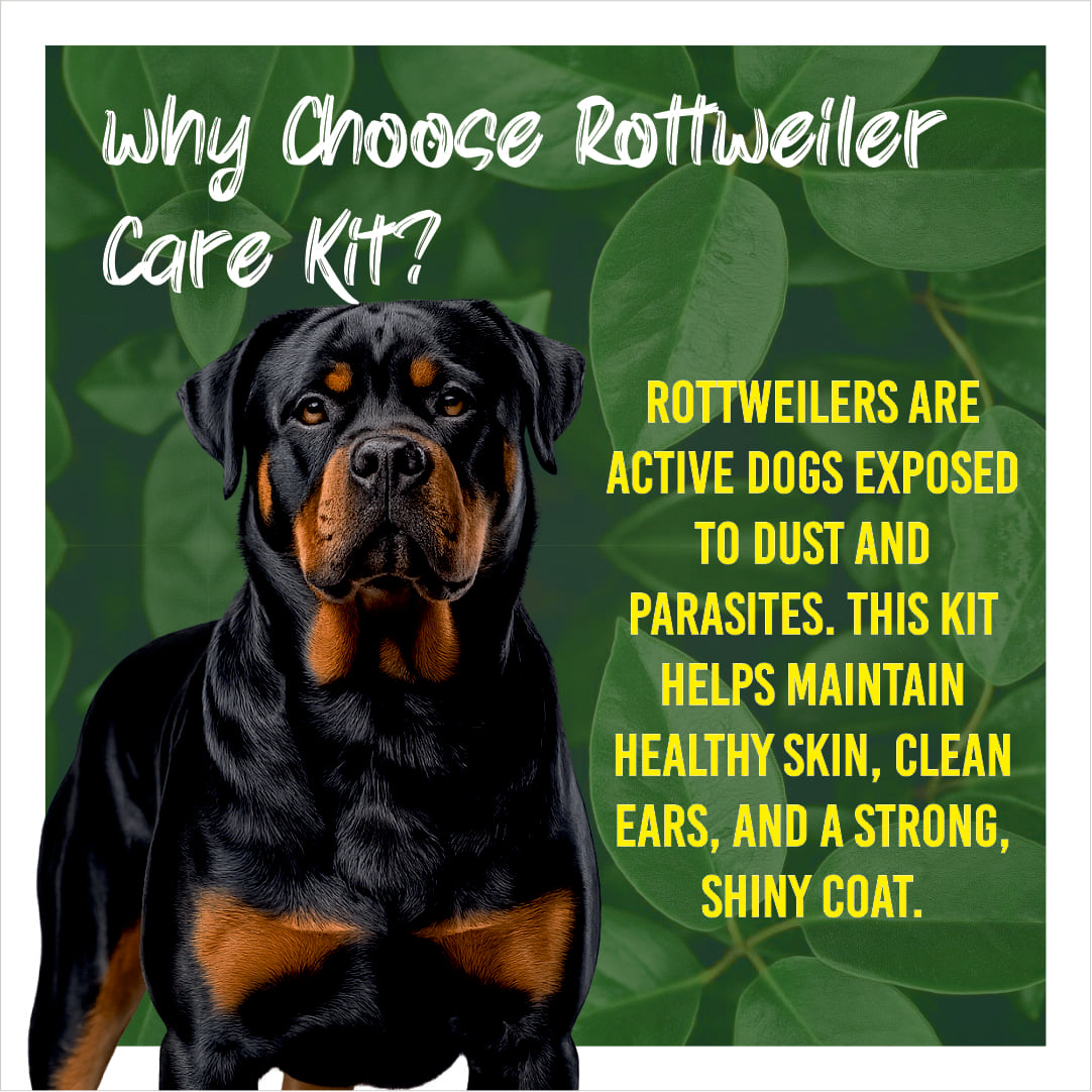 Rottweiler with promotional text about a care kit on a green leafy background