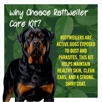 Rottweiler with promotional text about a care kit on a green leafy background