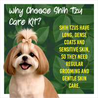 Shih Tzu with grooming text on a green leaf background
