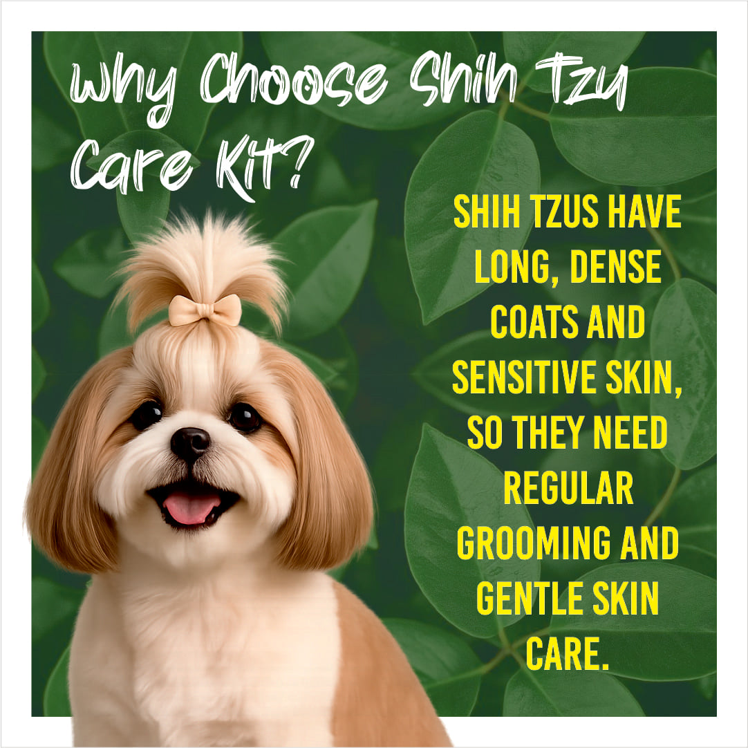 Shih Tzu with grooming text on a green leaf background