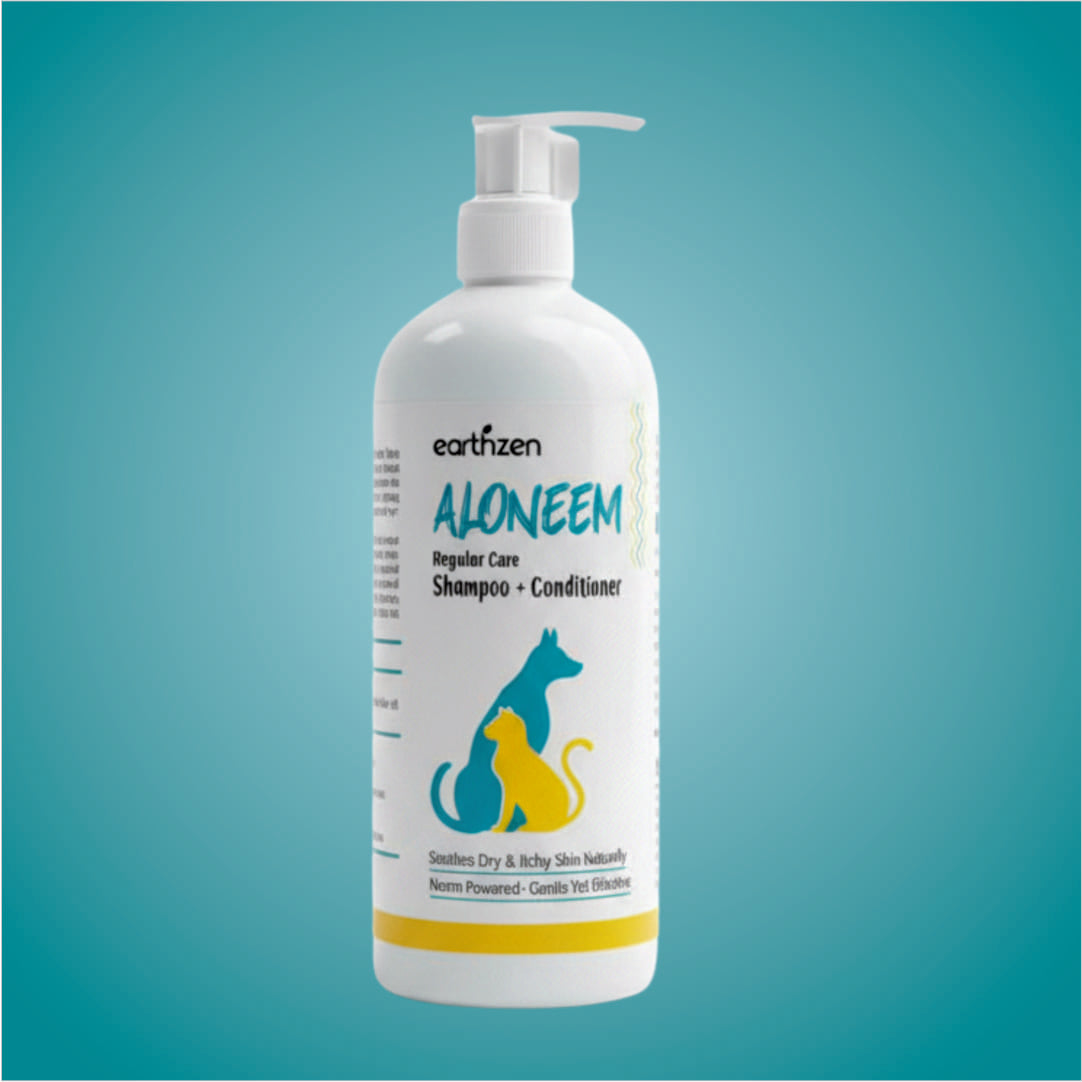 Bottle of Earthzen Aloneem shampoo and conditioner on a teal background