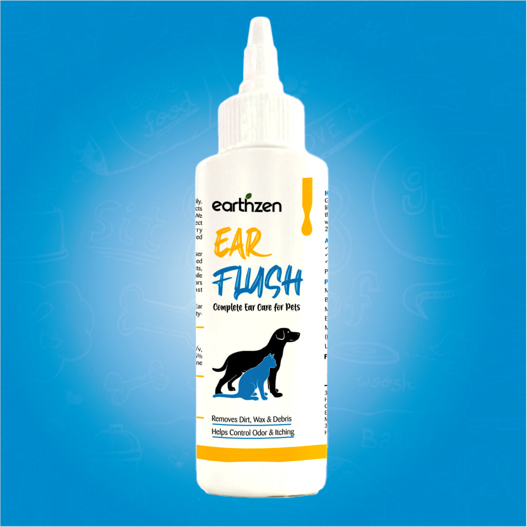 Earthzen ear flush bottle for pets on a blue background