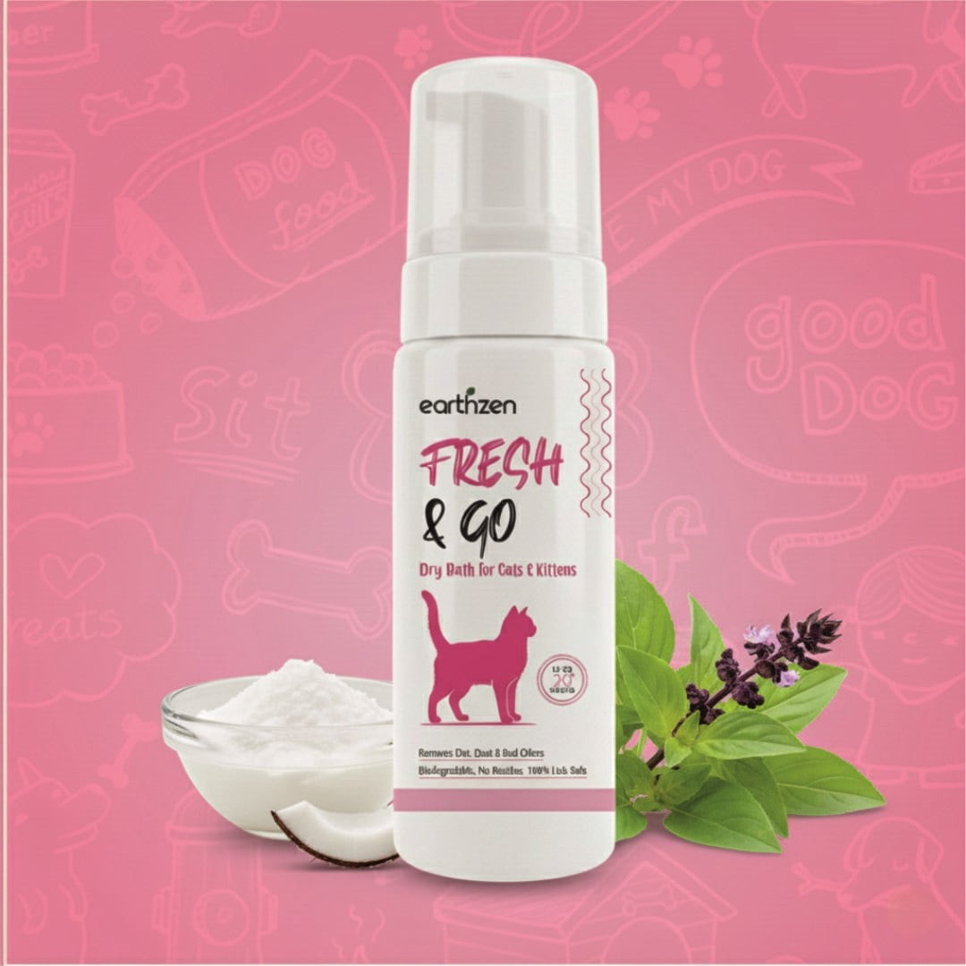 Earthzen Fresh & Go dry bath for cats and kittens on a pink background with cat-themed illustrations.