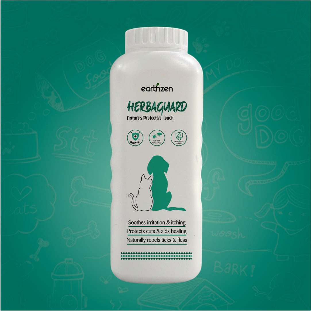White bottle of Earthzen Herbaguard on a green background