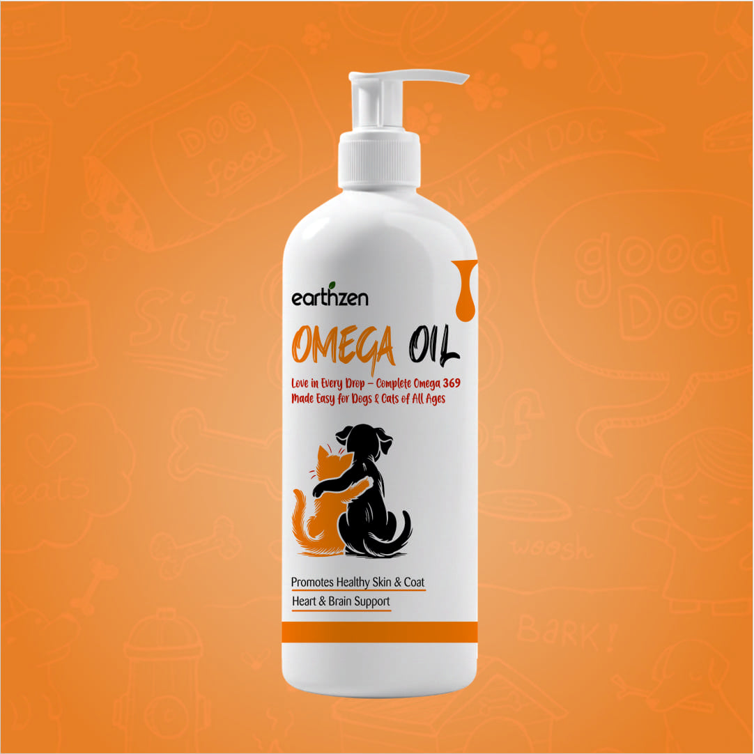 Earthzen Omega Oil bottle for pets on an orange background