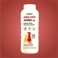 Bottle of Earthzen Quick Mess Absorber on a red background