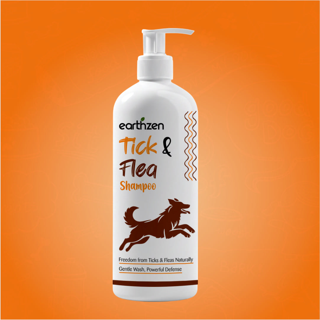 Earthzen Tick & Flea Shampoo bottle on an orange background