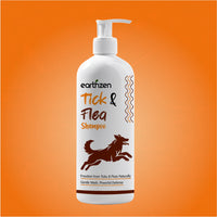 Earthzen Tick & Flea Shampoo bottle on an orange background